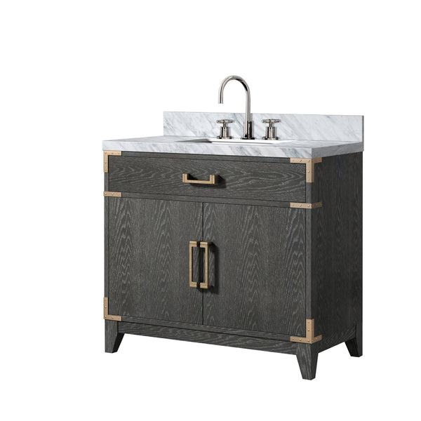 English Elm Black Oak Single-Sink Vanity 36" W With Carrara Marble Top & Chrome Faucet Set For Elegant Storage B2731P260918