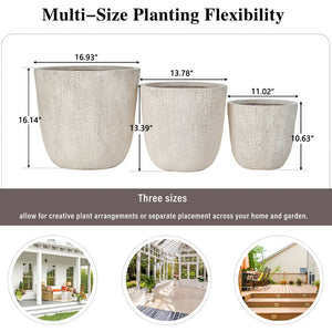 English Elm U_style Mgo Round Planters Set of Three Crackle Stone Texture Patio Garden Pots Beige N711P406660A