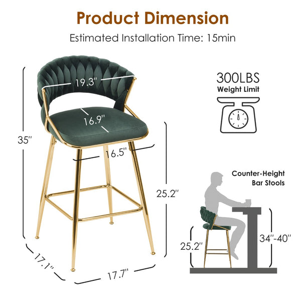 English Elm Counter Height Stools Set of 2 Mid-century Metal Legs Ergonomic Kitchen Island Seating Green T3623P430872