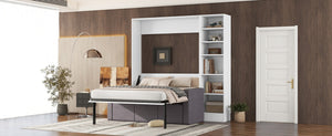 English Elm Full Size Murphy Wall Bed with Integrated Sofa Open Shelving White Cabinet Unit LP000795AAK
