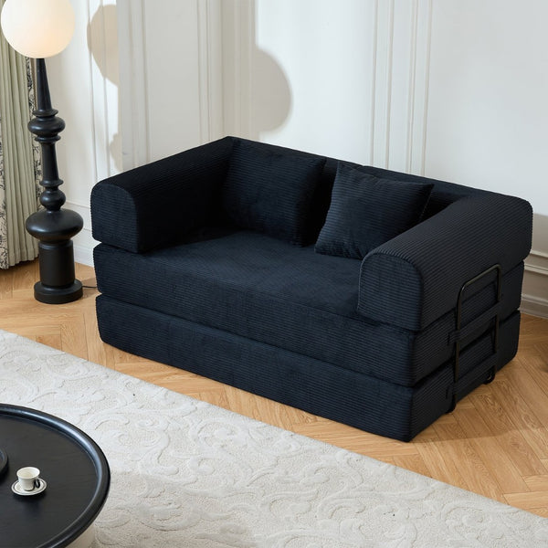 English Elm 59'' Corduroy Floor Sofa Convertible Sleeper with Bolster Pillow for Studio Living Black W3434P449858