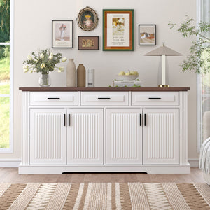 English Elm 63" Fluted Sideboard Buffet Cabinet with Coffee Bar Storage, 4 Doors 3 Drawers, Smooth Silent Slides White W2917P319113