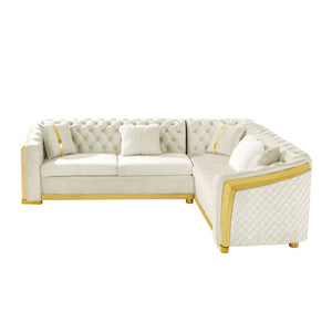 English Elm 106 Inch Velvet Tufted Chesterfield Sectional with Gold Steel Legs for Large Living Rooms Beige W1191S00128