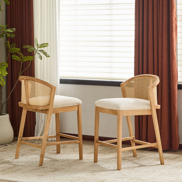 English Elm Christopher Knight Home® - Tatti Plush Padded Counter Stool Set of 2 with Rattan-Accented Curved Back and Wood Frame, Cozy Beige,Natural N775P271407N