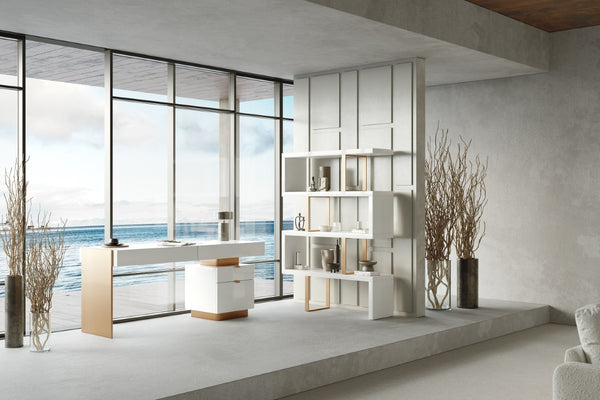 VIG Furniture Trahan High-Gloss White Office Desk With Brushed Gold Frame, Soft-Close Drawers & Generous Legroom VGBB-MQ2101-W-DESK
