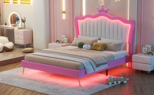 English Elm Full Size Upholstered Princess Bed Frame With Led Lights, Crown Headboard In Pink & White Design W2770P190360