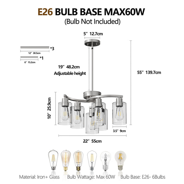 English Elm 6-Light Modern Farmhouse Iron Chandelier with Clear Glass Shades, Adjustable Height Dining Fixture Chrome W2312P374985