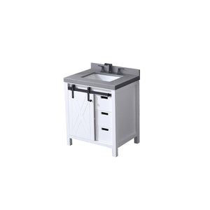 English Elm White 30 in. Bath Vanity with Grey Quartz Top, Matte Black Faucet, Soft-Close Drawers & Shelf Durable Finish B2731P260101