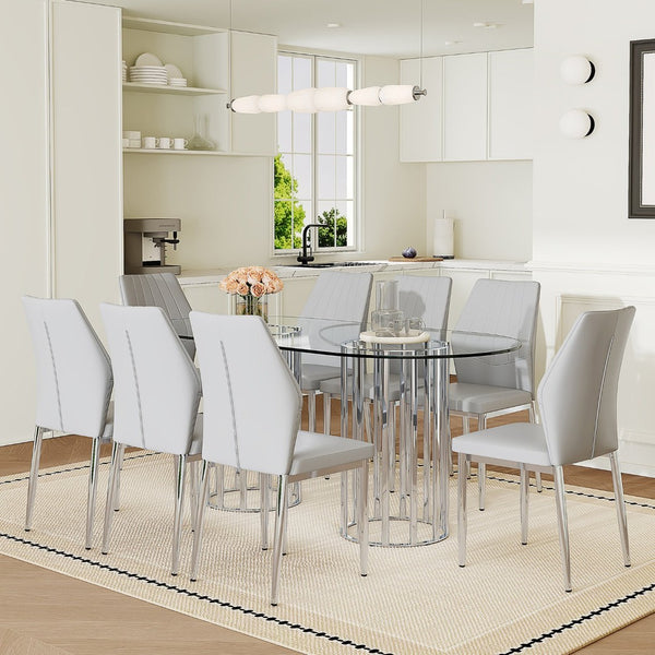 English Elm Table and Chair Set Oval Tempered Glass Top 9 Piece Modern Dining with Pu Seats Light Gray,Silver,Transparent W1151S04743