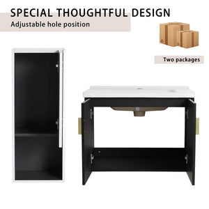 English Elm 28" Wall-Mounted Bathroom Vanity & Ceramic Sink With Side Cabinet, Soft-Close Doors For Modern Homes W999S00329