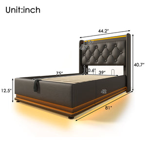 English Elm Twin Upholstered Bed with Hydraulic Storage, Surround LED, App/Remote Control & USB Type-C Charging Black N736P188805B