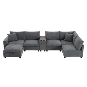 English Elm 139'' U-shaped Corduroy Sectional with Ottoman Console Usb Port and Cup Holders for Living Gray N723S1166E