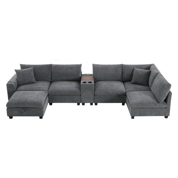 English Elm 139'' U-shaped Corduroy Sectional with Ottoman Console Usb Port and Cup Holders for Living Gray N723S1166E