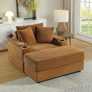English Elm sofa Oversized Corduroy Deep-Seat Chaise with Ottoman and Lumbar Support — Plush, Sturdy Comfort Brown W1420S00011