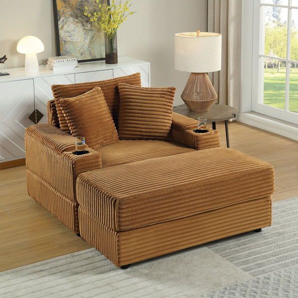 English Elm sofa Oversized Corduroy Deep-Seat Chaise with Ottoman and Lumbar Support — Plush, Sturdy Comfort Brown W1420S00011