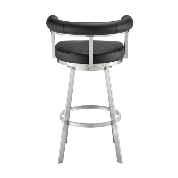 English Elm Pryden 30" Swivel Bar Stool Brushed Stainless & Black Faux Leather — 360° Swivel, Easy-Clean Comfort B2736P354321