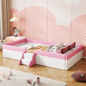 English Elm Twin Kids Platform Daybed with Fence Rail and Staircase Pu Upholstered Frame SF000153AAH-1