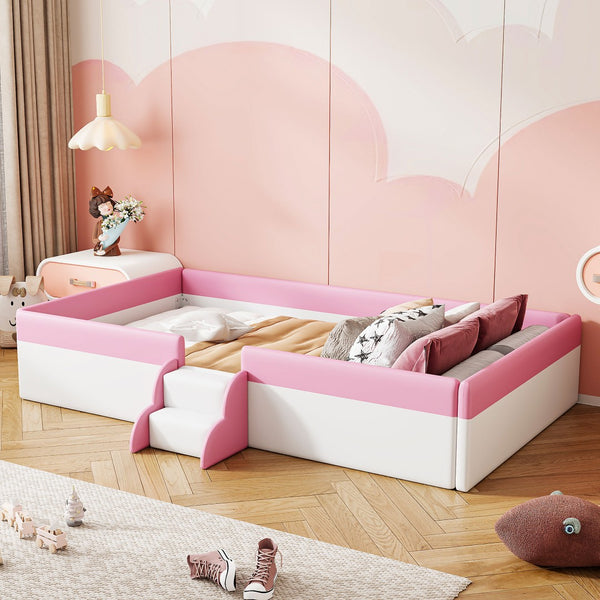 English Elm Twin Kids Platform Daybed with Fence Rail and Staircase Pu Upholstered Frame SF000153AAH-1