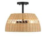 English Elm Ashcroft Furniture - Twinkle Double Lights Semi Flush With Rattan Shade Black Metal Finish For Farmhouse Style