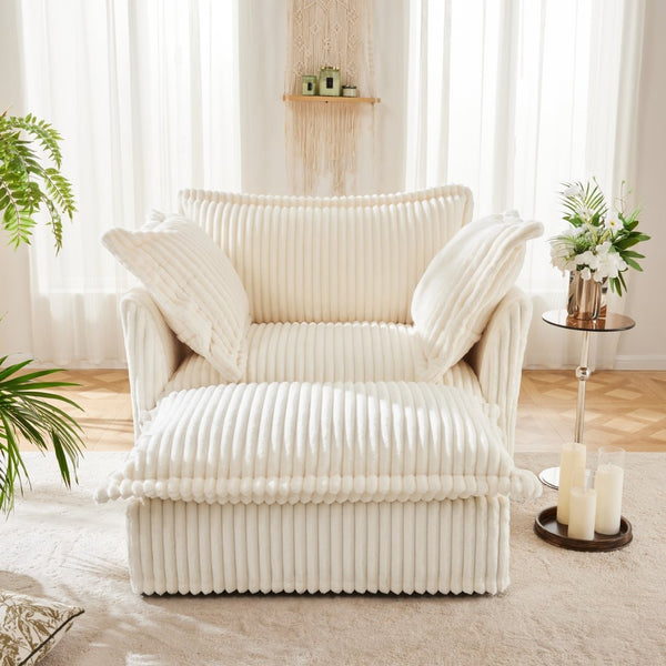 English Elm Upholstered Cream Corduroy Armchair Set With Wide Ottoman & Soft Pillows For Cozy Living Spaces W3041S00016-GIGA