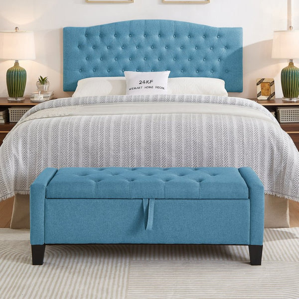 English Elm Ottoman Tufted Linen Storage Bench with Safety Hinge Solid Wood Frame Entryway Seat W2186P470000