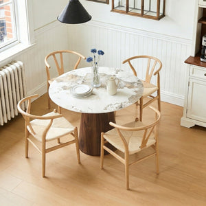 English Elm Table and Chair Set 42 Inch Round Stone Look Top with Wishbone Iron Dining Seats W2920S00145