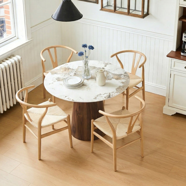 English Elm Table and Chair Set 42 Inch Round Stone Look Top with Wishbone Iron Dining Seats W2920S00145