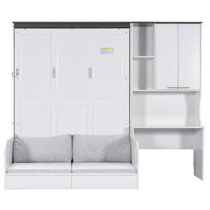 English Elm Multi-functional Queen Murphy Bed with Sofa Desk and Cabinet White Wood Frame N7090000606K-1