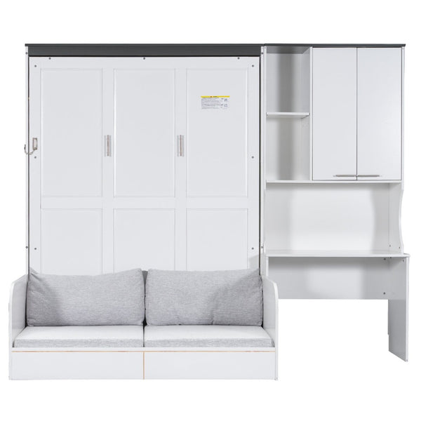 English Elm Multi-functional Queen Murphy Bed with Sofa Desk and Cabinet White Wood Frame N7090000606K-1