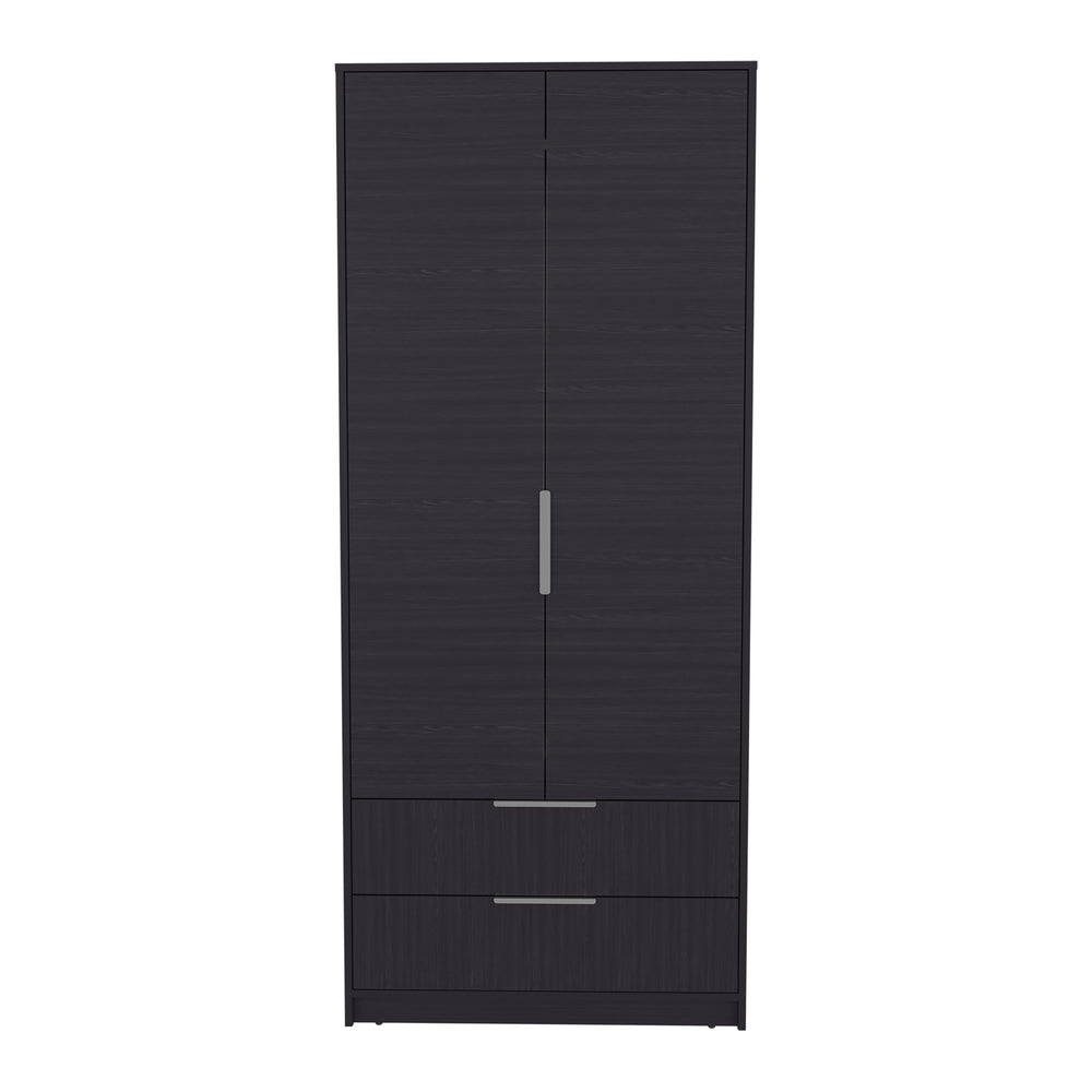 English Elm Wenden Tall Armoire Wardrobe with Double Doors & Two Drawers, Hanging Rod, Shelves, Black Finish B070S00373