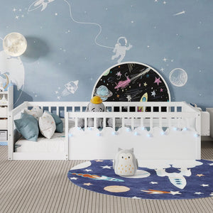 English Elm Twin Montessori Floor Bed Frame with High Rails and Built-In Light Shelf for Safe Independent Sleep White 79.13 L x 13 W x 6.3 H W2593P333565