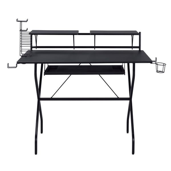 English Elm Black Computer Desk with Keyboard Tray, Durable Wood Top, Metal Frame, Headset Hooks & Game Rack for Gaming, Office Productivity — 47.5" Wide Stable Workstation B062P184548