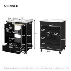 English Elm 24'' French Style Bathroom Vanity with Ceramic Sink Soft Close Cabinet and Drawer Black N710P411227B