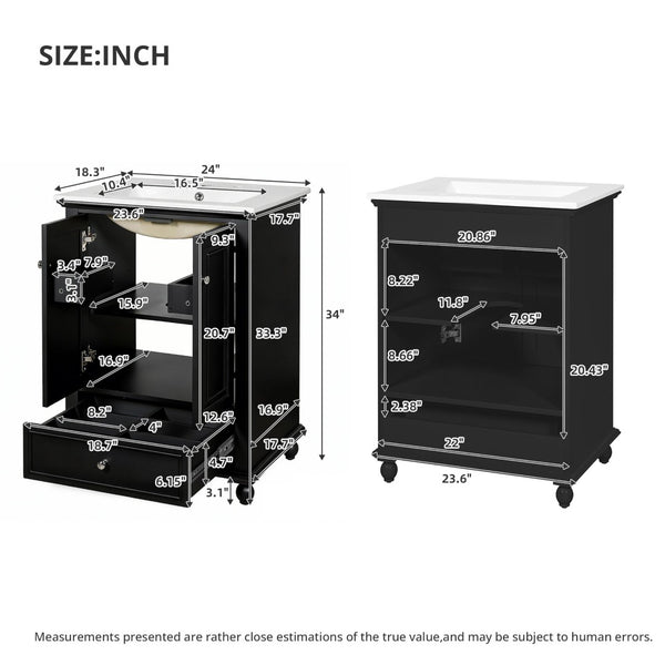 English Elm 24'' French Style Bathroom Vanity with Ceramic Sink Soft Close Cabinet and Drawer Black N710P411227B