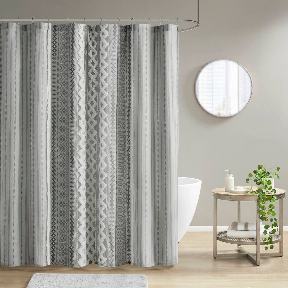JLA Home INK+IVY - Cotton Imani Aztec Printed Shower Curtain with Chenille Stripe Trim — Boho Texture, OEKO‑TEX Certified Comfort Gray II70-1123