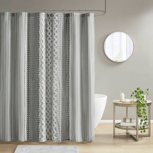 JLA Home INK+IVY - Cotton Imani Aztec Printed Shower Curtain with Chenille Stripe Trim — Boho Texture, OEKO‑TEX Certified Comfort Gray II70-1123