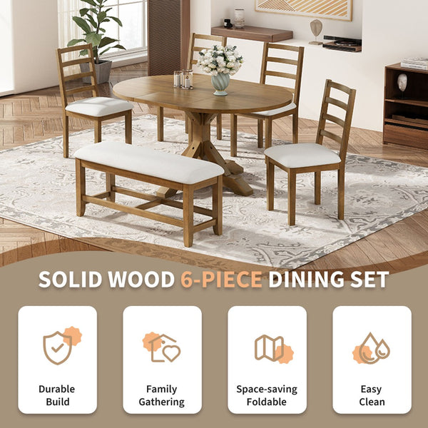 English Elm Topmax Farmhouse Extendable Pedestal Dining Set Seats Six with Ladder Back Chairs Beige,Dark Brown N717S000060D