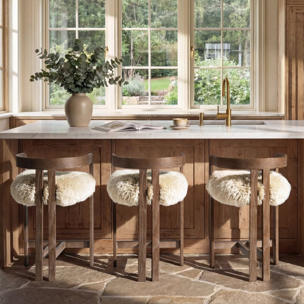 English Elm Millwick Sheepskin Fur Counter Stool Solid Ash Wood Frame Farmhouse Kitchen Seating B2719P479033