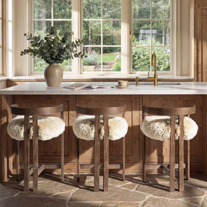 English Elm Millwick Sheepskin Fur Counter Stool Solid Ash Wood Frame Farmhouse Kitchen Seating B2719P479033