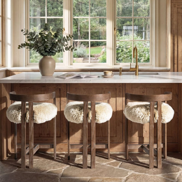 English Elm Millwick Sheepskin Fur Counter Stool Solid Ash Wood Frame Farmhouse Kitchen Seating B2719P479033