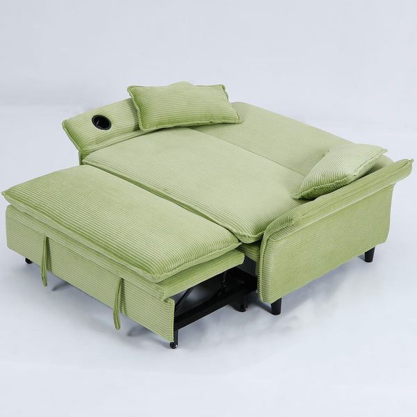 English Elm 65.74-inch convertible letter sofa bed with adjustable armrests, pull-out extension, cup holders, durable frame and plush sponge cushions Green W3371P311474
