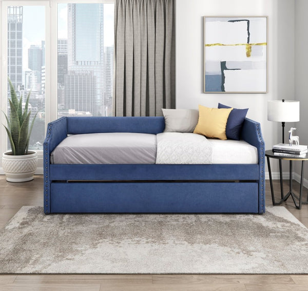 English Elm Modern Upholstered Daybed with Pull Out Trundle Nailhead Trim Twin Guest Room Piece Blue B011P256299