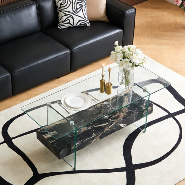 English Elm Rectangular Two Tier Glass Coffee Table with Marble Shelf for Modern Living Rooms W2920P226071