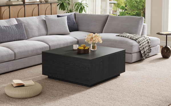 English Elm 33.25" Square Storage Coffee Table Four Drawer Matte Mdf Living Room Centerpiece Black N735P422508B