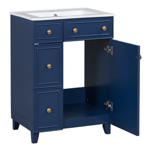 English Elm 24-Inch Bathroom Vanity Cabinet with Ceramic Sink, Space-Saving Storage, Solid Wood Feet, Durable Finish Blue WF532034AAC
