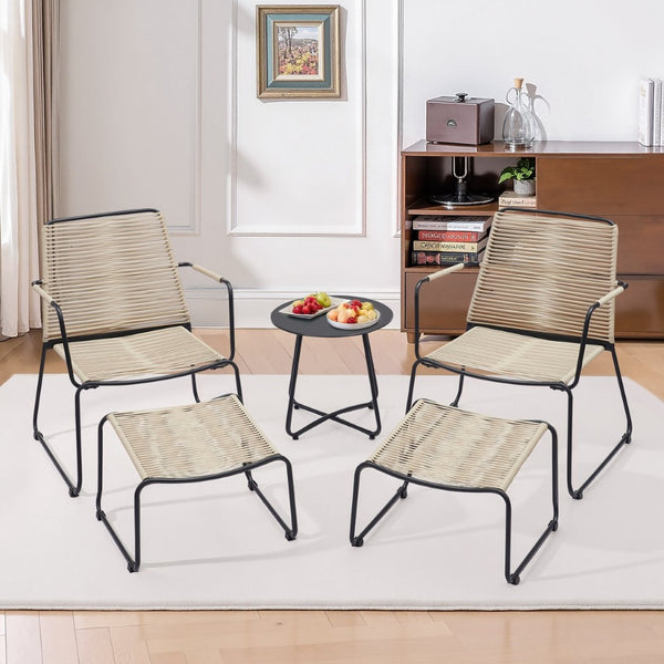 English Elm Balcony 5 Piece Outdoor Pe Wicker Conversation Set with Ottomans and Side Table T3773P420190