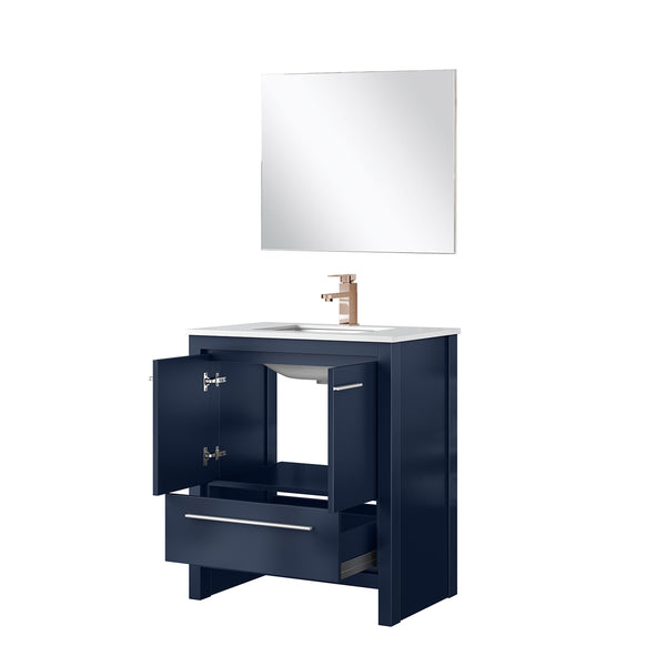 English Elm Navy Blue Bath Vanity Set With Cultured Marble Top, Rose Gold Faucet & Matching 28 In. Mirror B2731S02050