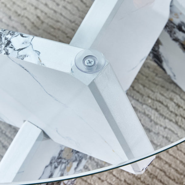 English Elm Round glass coffee table with 33.4" tempered top, white patterned MDF legs, sturdy 130lb capacity modern centerpiece W1512P395025