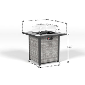 English Elm 28 28 Inch Propane Fire Pit Table with 50,000 BTU Stainless Burner, Rattan Look, Tempered Glass Top & Windscreen Grey+White W861P211924