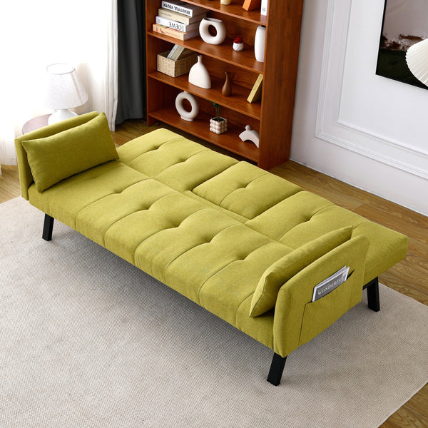 English Elm 70-inch Foldable Cotton Linen Sofa Bed with Cup Holder & Side Storage, Space-Saving 2-Seater Design Green W3371P337200